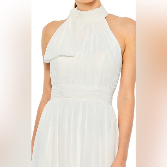 Ieena for Mac Duggal Greek Goddess High Neck Ruched Chiffon A Line Gown in White - Picture 3 of 5